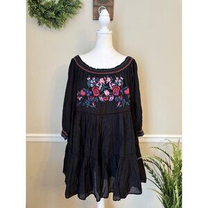 Free People Black Mini Dress with Pink & Red Floral Embroidery